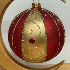 Vitbis Hand Painted 3.5" Christmas Glass Ornament Red/Gold Glitter Embellished